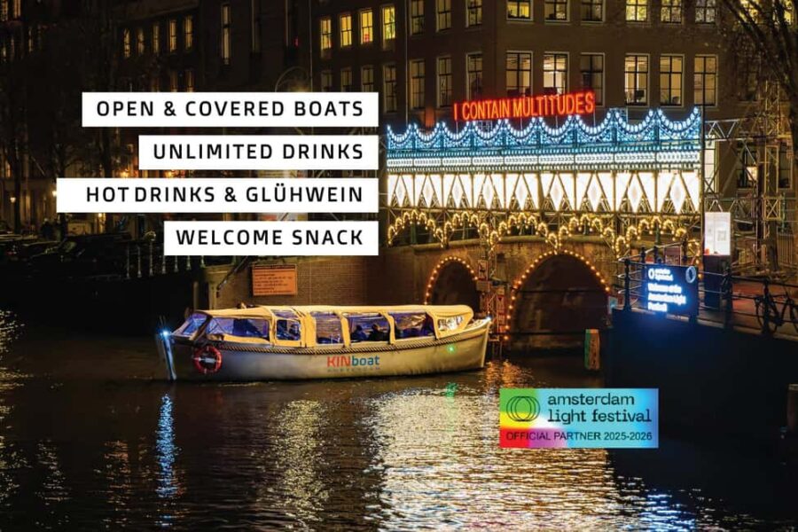 Amsterdam: Light Festival Canal Cruise inc Snack + Hot Drink - Starting Point at Central Station and Easy Access