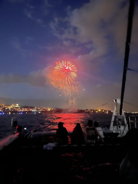 Salou's Fireworks 15th August Sail Catamaran - The Departure from Cambrils Port at Night