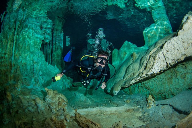 2 tanks Cenote Diving Adventure in Tulum for Certified Divers - First Stop: Diving at Casa Cenote in Open Air Waters