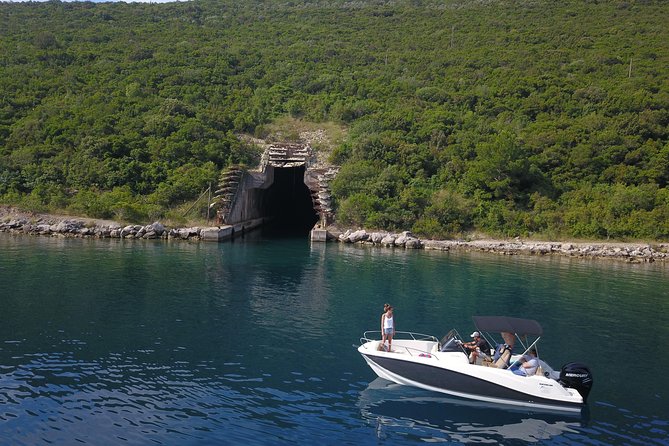 Boat tour to Lady of the Rock , Submarine base & Blue Cave swim - Panoramic Views of Fortress Mamula from the Water