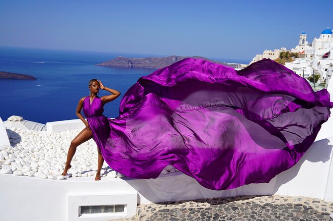 Flying Dress Photoshoot in Oia Private entry to Blue Dome - Starting Point at the Bus Stop to Fira